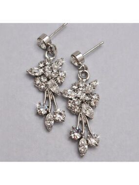 Bridal Floral Crystal Rhinestone Drop Stud Earrings Silver Tone Sparkly Wedding